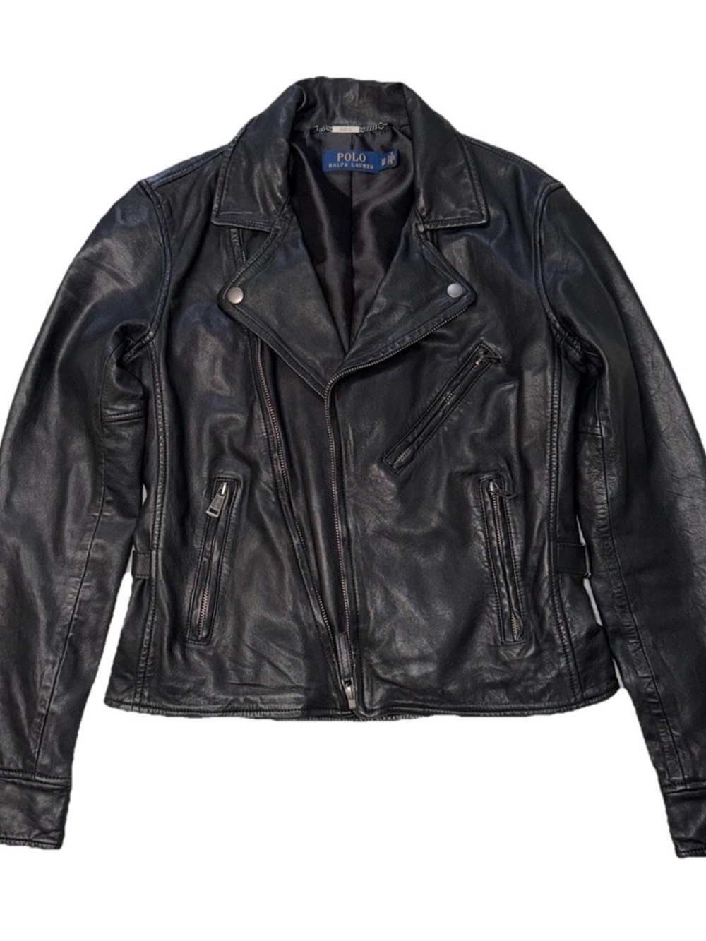 POLO RALPH LAUREN Womens Black Leather Motorcycle Moto Biker Jacket Lamb Skin XS